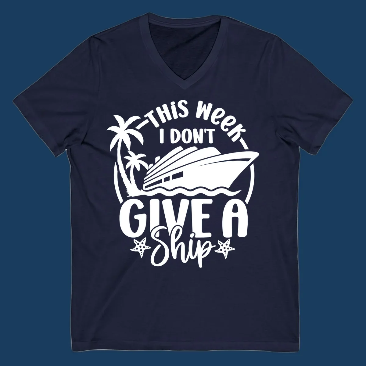 Give a ship cruise vacation design with ship, palm trees, and starfish.