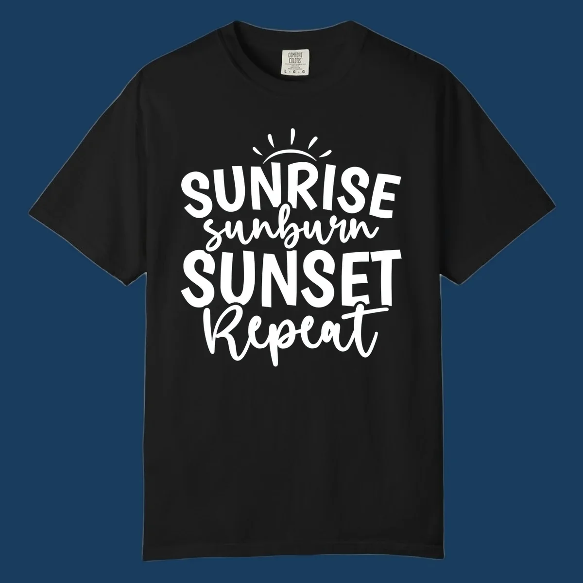 Typography design with phrase Sunrise Sunburn Sunset Repeat and sun rays graphic.
