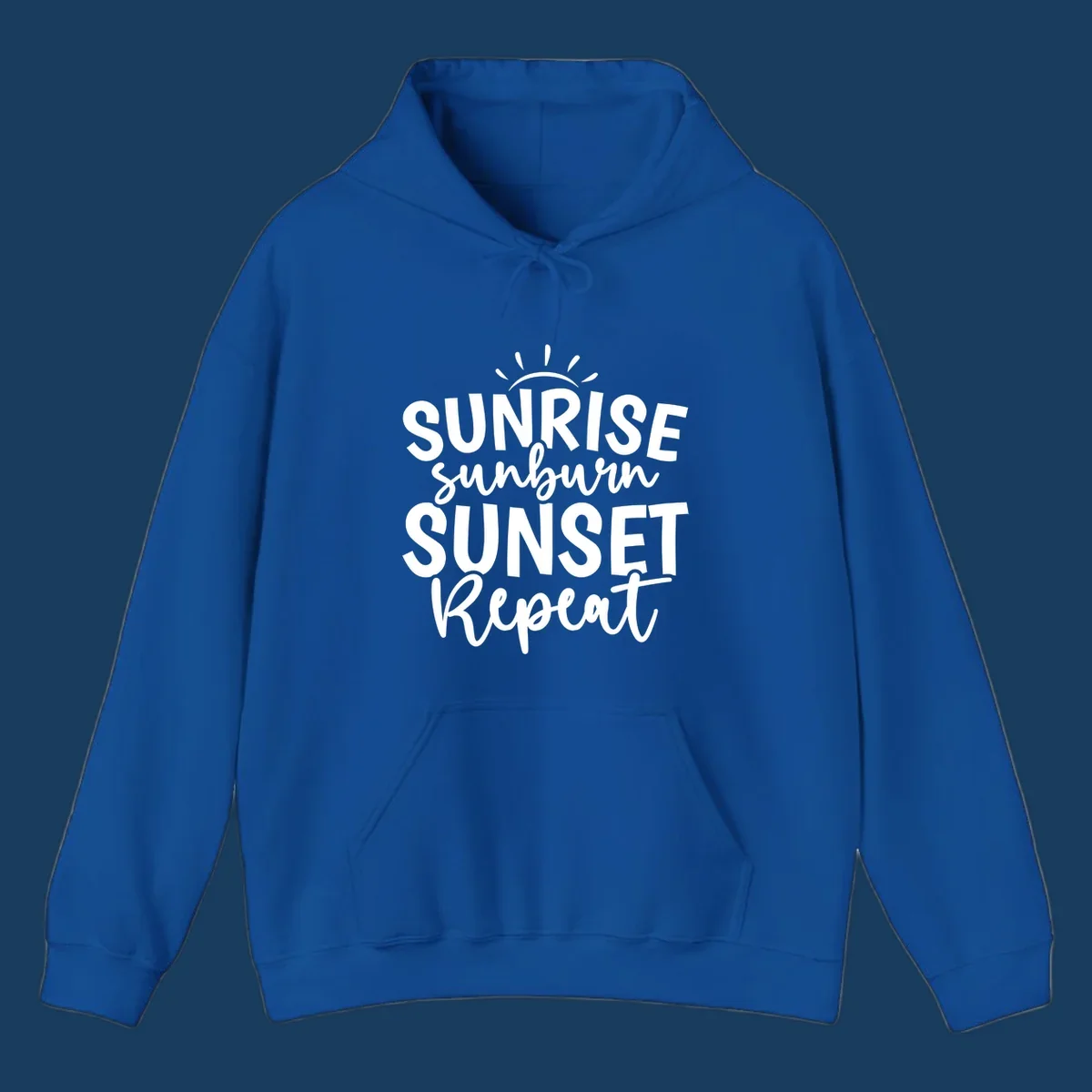 Typography design with phrase Sunrise Sunburn Sunset Repeat and sun rays graphic.