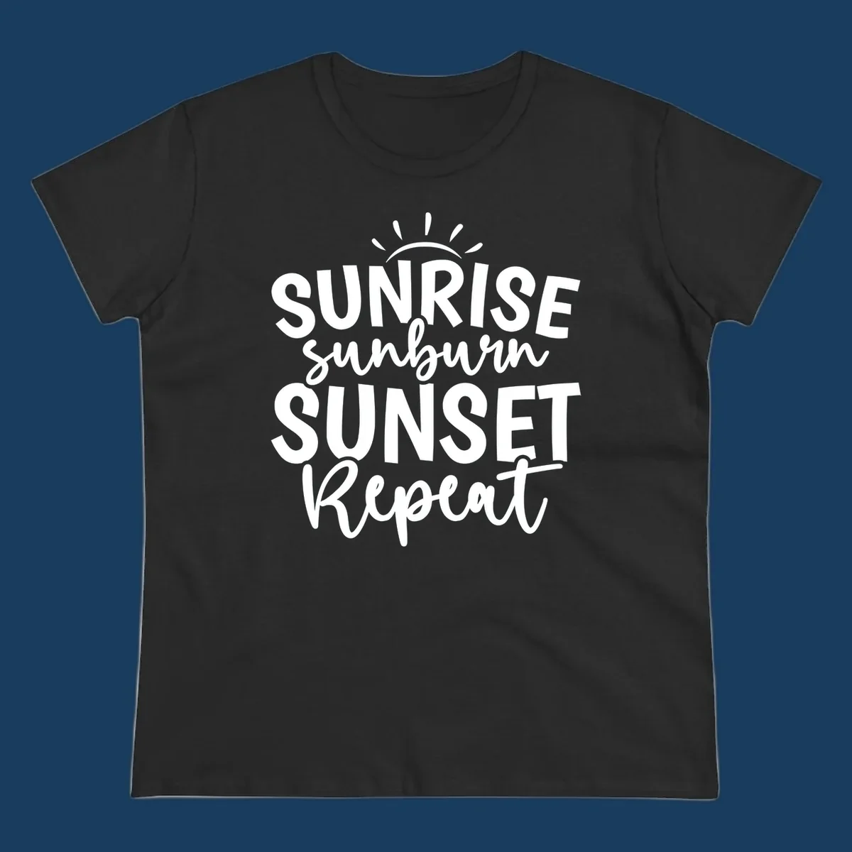 Typography design with phrase Sunrise Sunburn Sunset Repeat and sun rays graphic.
