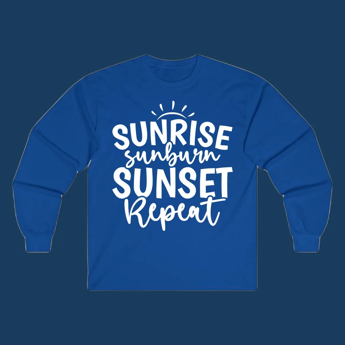 Typography design with phrase Sunrise Sunburn Sunset Repeat and sun rays graphic.