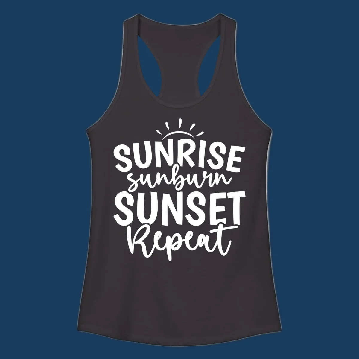 Typography design with phrase Sunrise Sunburn Sunset Repeat and sun rays graphic.