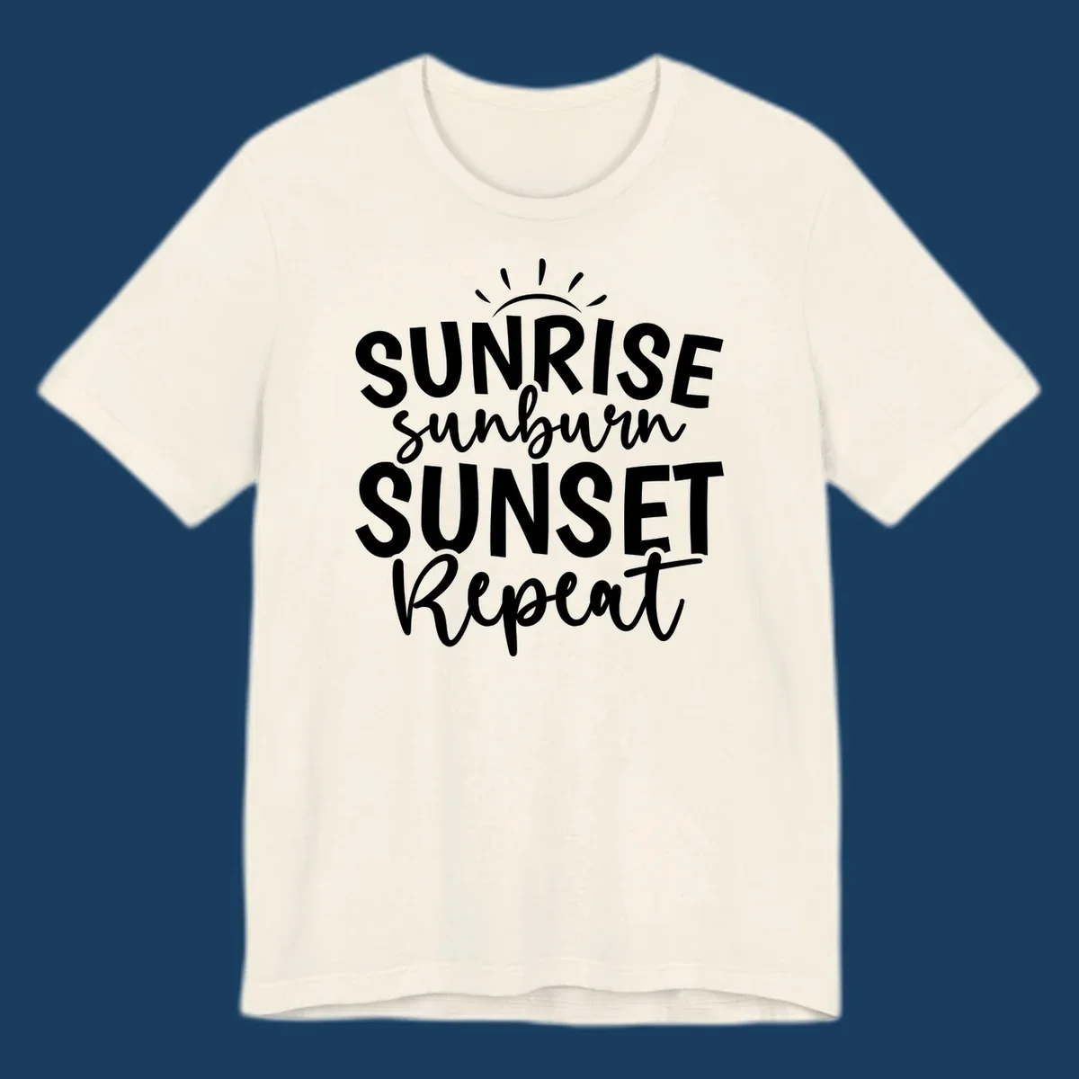 Typography design with phrase Sunrise Sunburn Sunset Repeat and sun rays graphic.