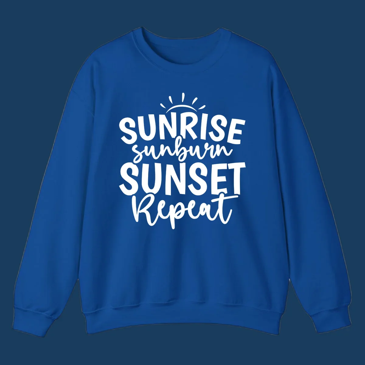 Typography design with phrase Sunrise Sunburn Sunset Repeat and sun rays graphic.