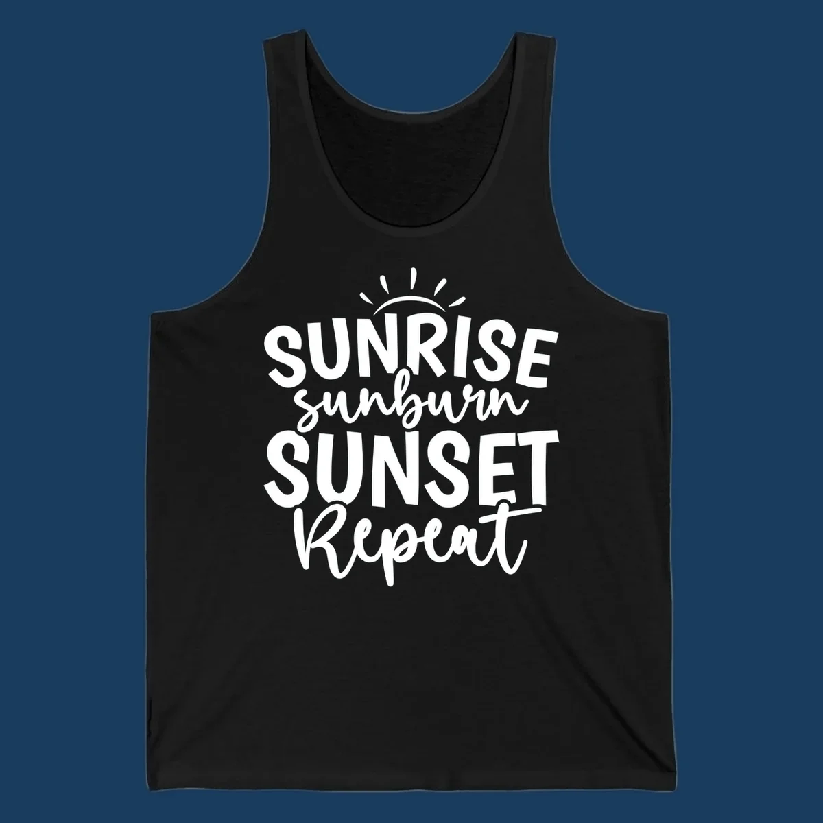 Typography design with phrase Sunrise Sunburn Sunset Repeat and sun rays graphic.