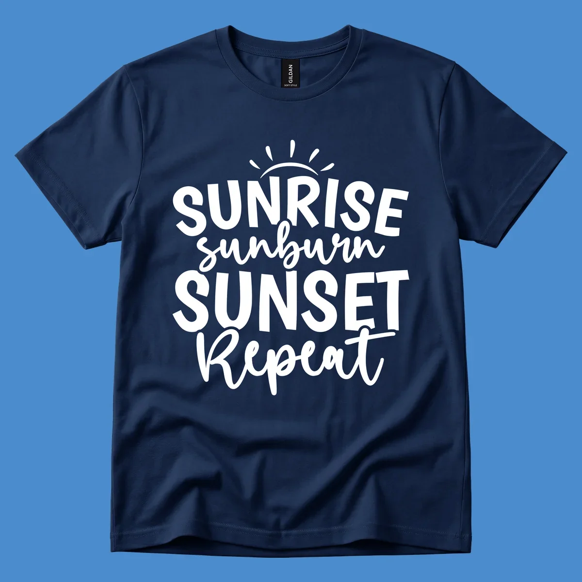 Typography design with phrase Sunrise Sunburn Sunset Repeat and sun rays graphic.