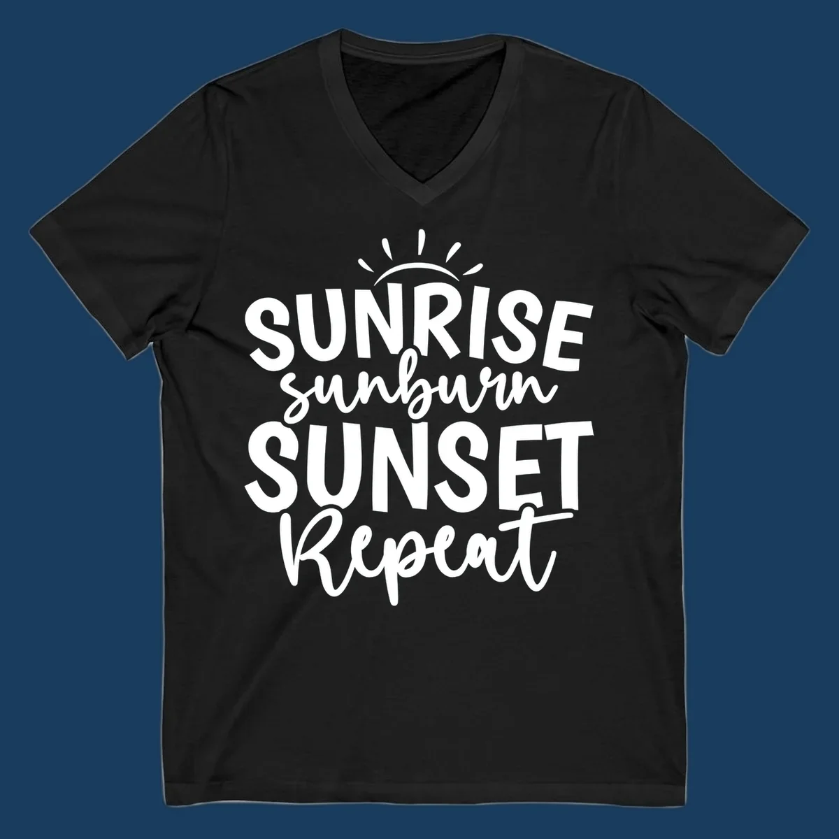 Typography design with phrase Sunrise Sunburn Sunset Repeat and sun rays graphic.