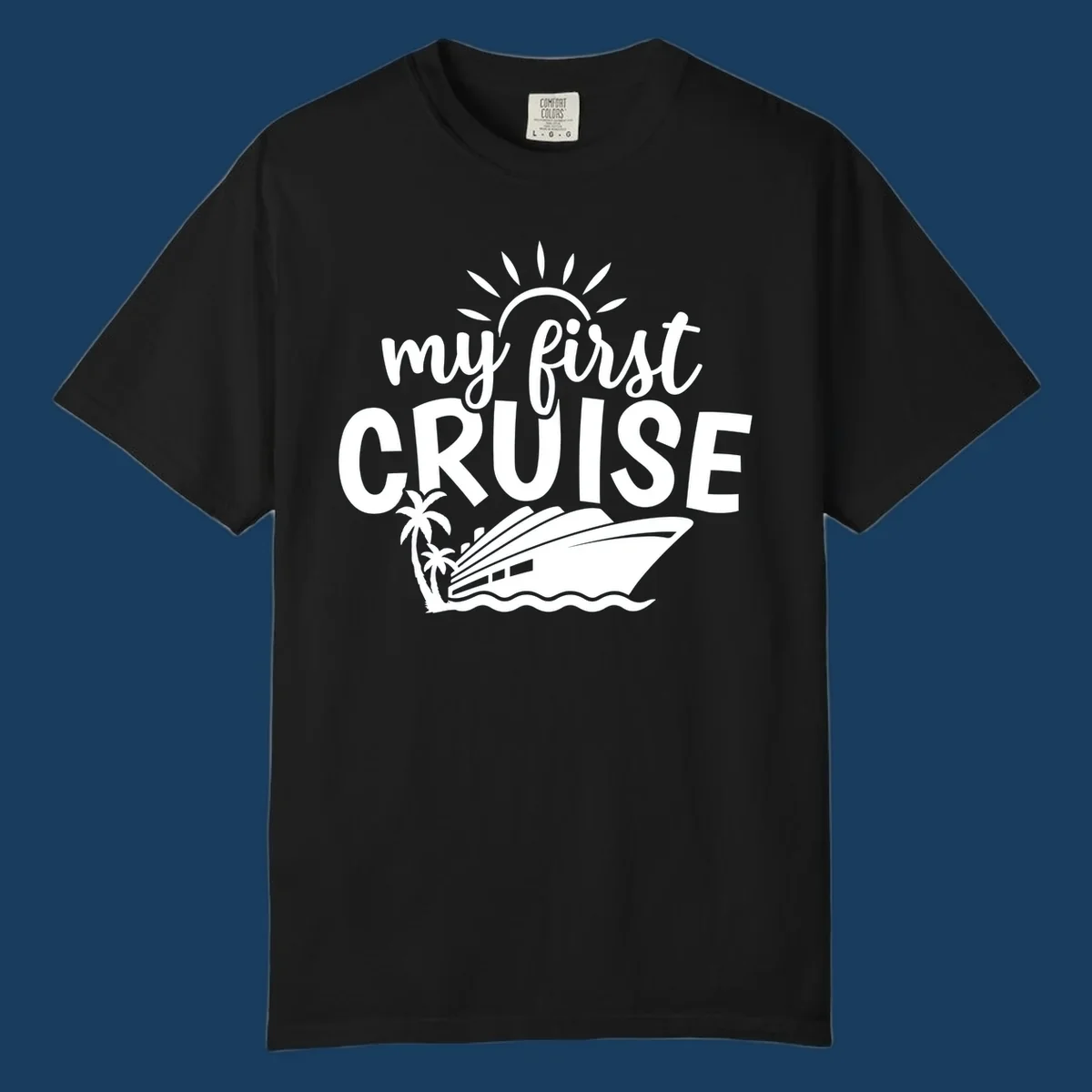 My first cruise design with text, cruise ship, palm trees, and sun.