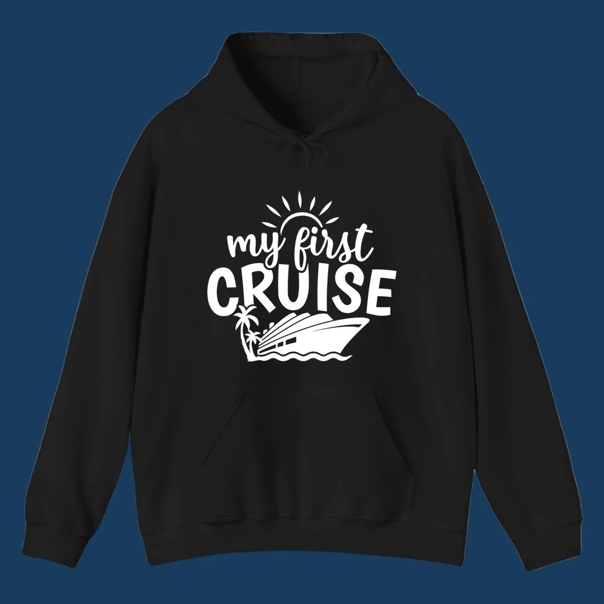 My first cruise design with text, cruise ship, palm trees, and sun.