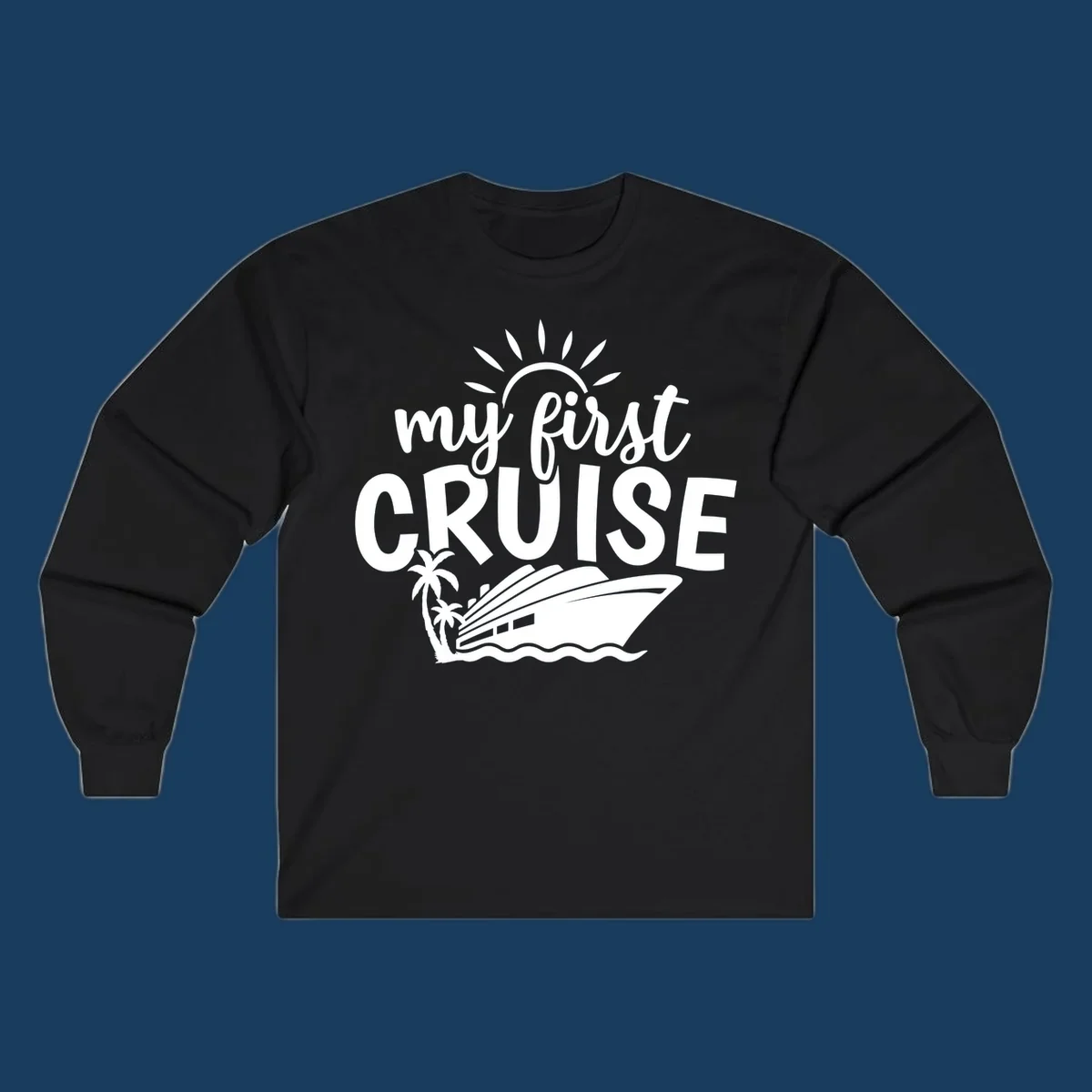 My first cruise design with text, cruise ship, palm trees, and sun.