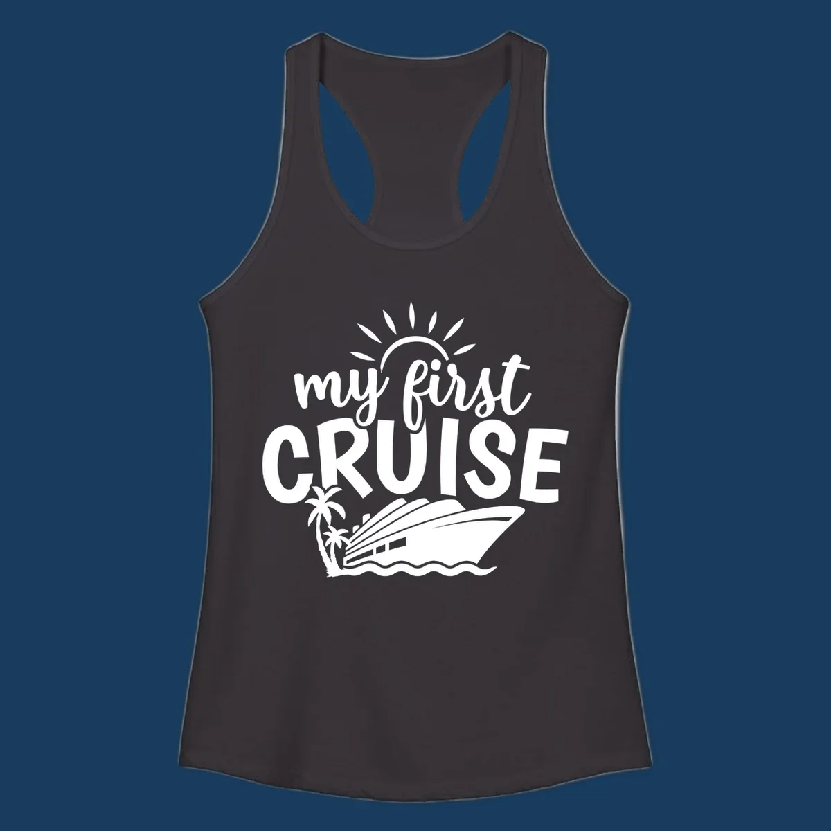 My first cruise design with text, cruise ship, palm trees, and sun.