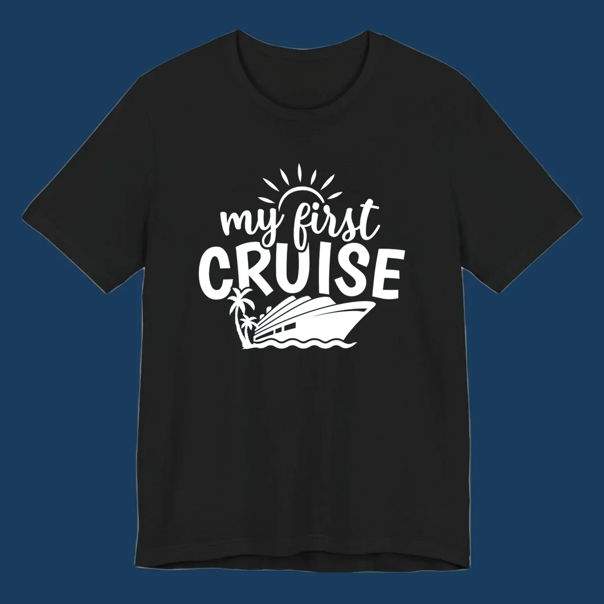 My first cruise design with text, cruise ship, palm trees, and sun.