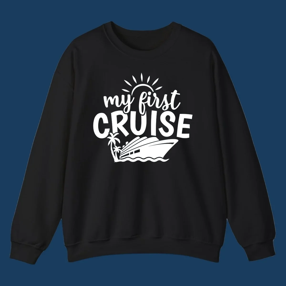 My first cruise design with text, cruise ship, palm trees, and sun.