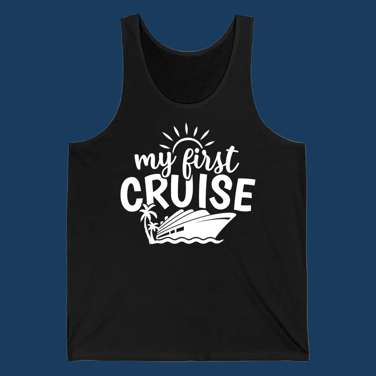 My first cruise design with text, cruise ship, palm trees, and sun.