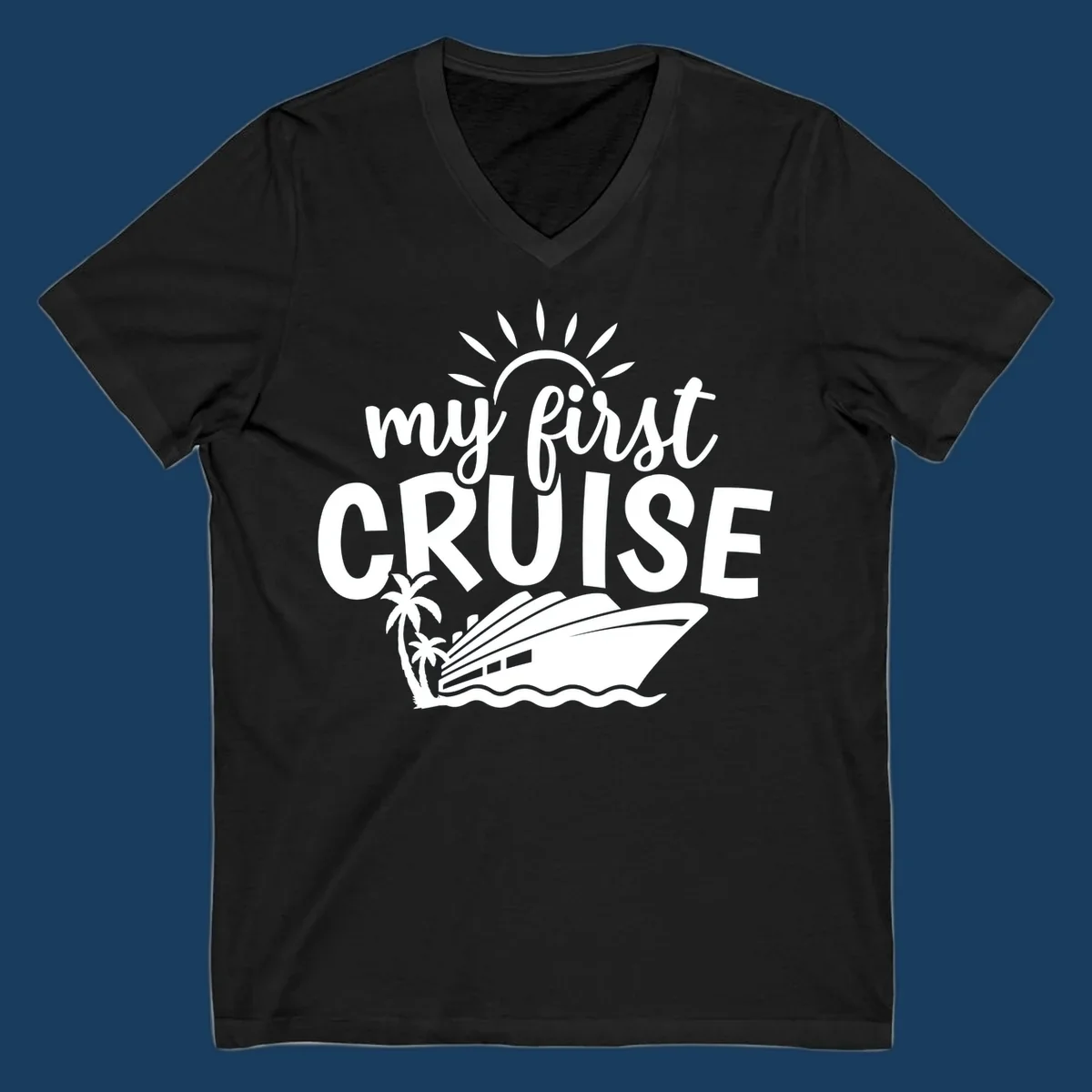 My first cruise design with text, cruise ship, palm trees, and sun.