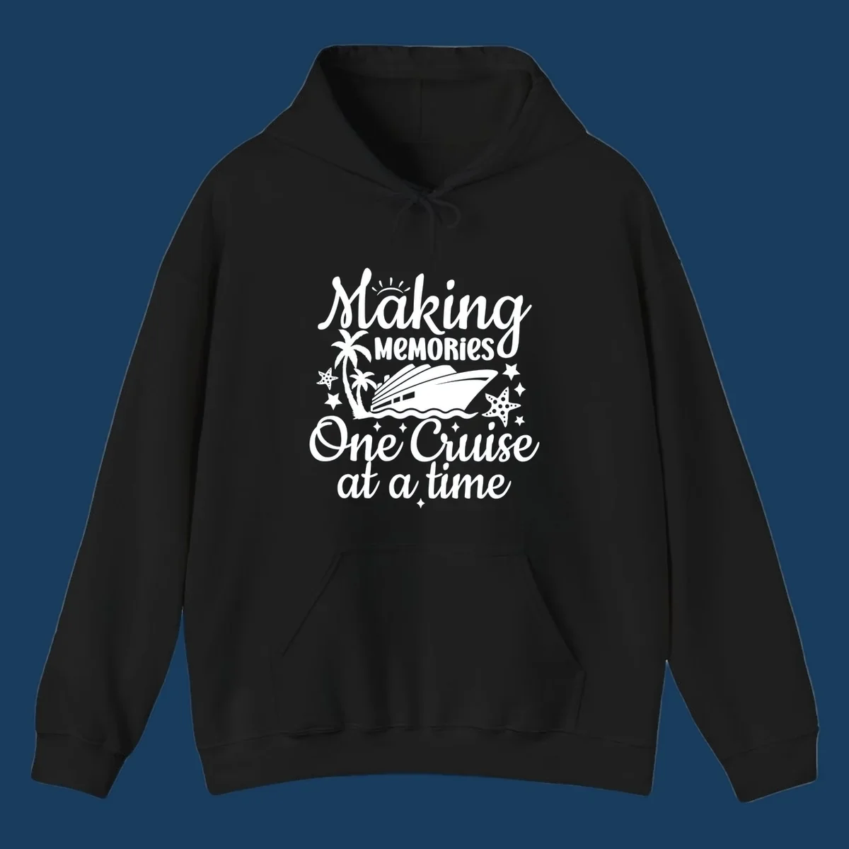 Making memories one cruise at a time text with cruise ship, palm trees, and starfish graphic.