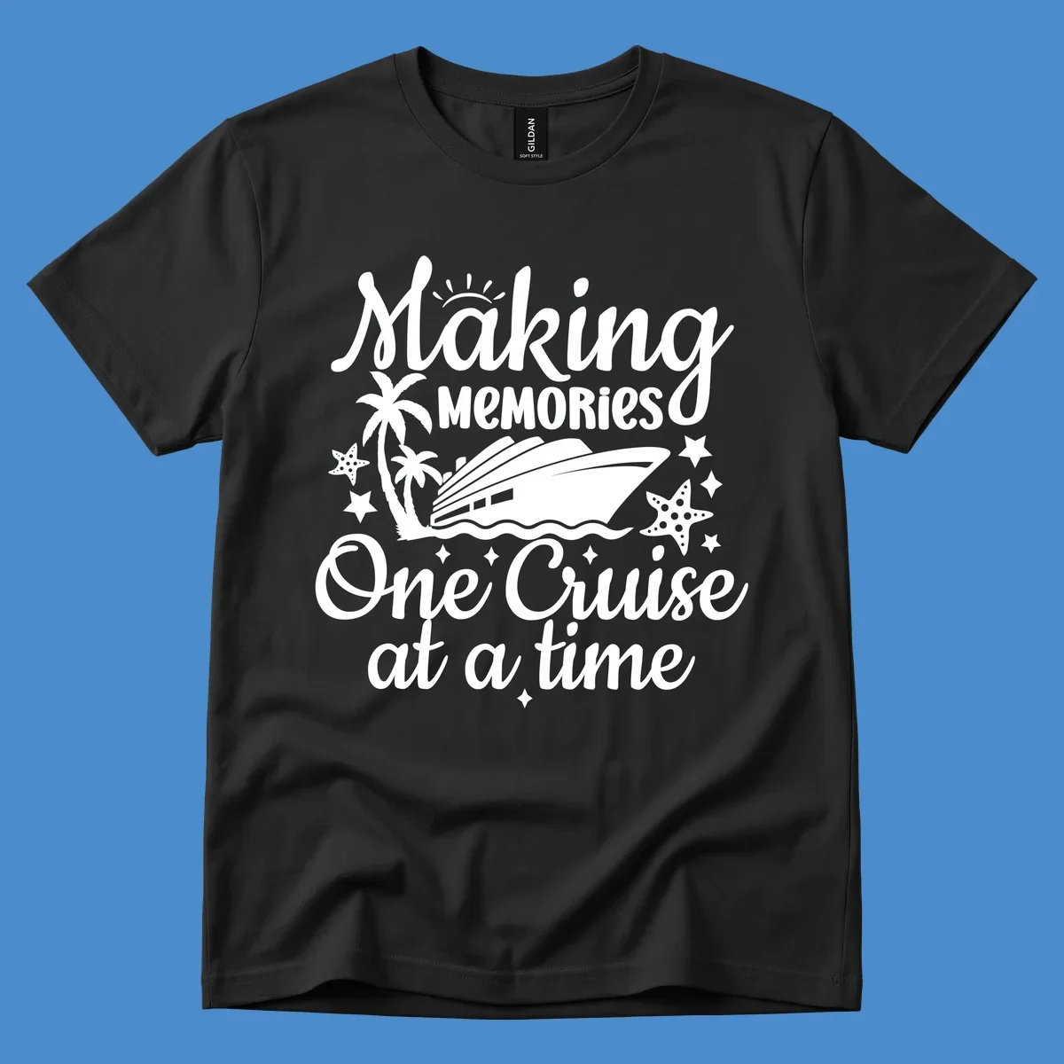 Making memories one cruise at a time text with cruise ship, palm trees, and starfish graphic.