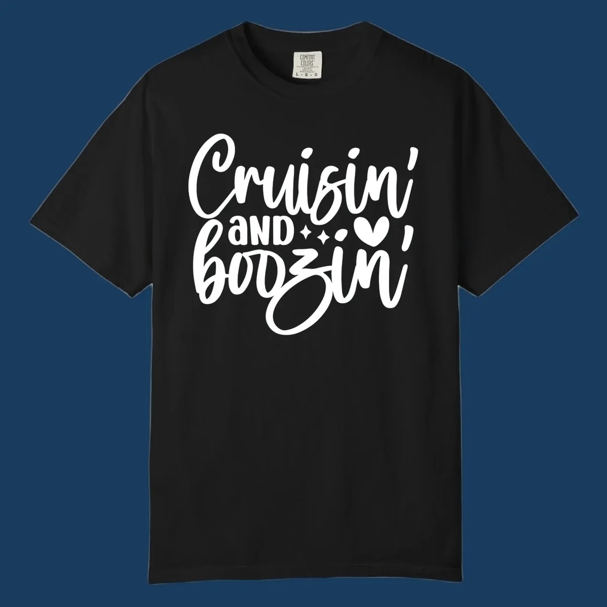 Cruisin and Boozin text design with heart and sparkles for a cruise vacation.