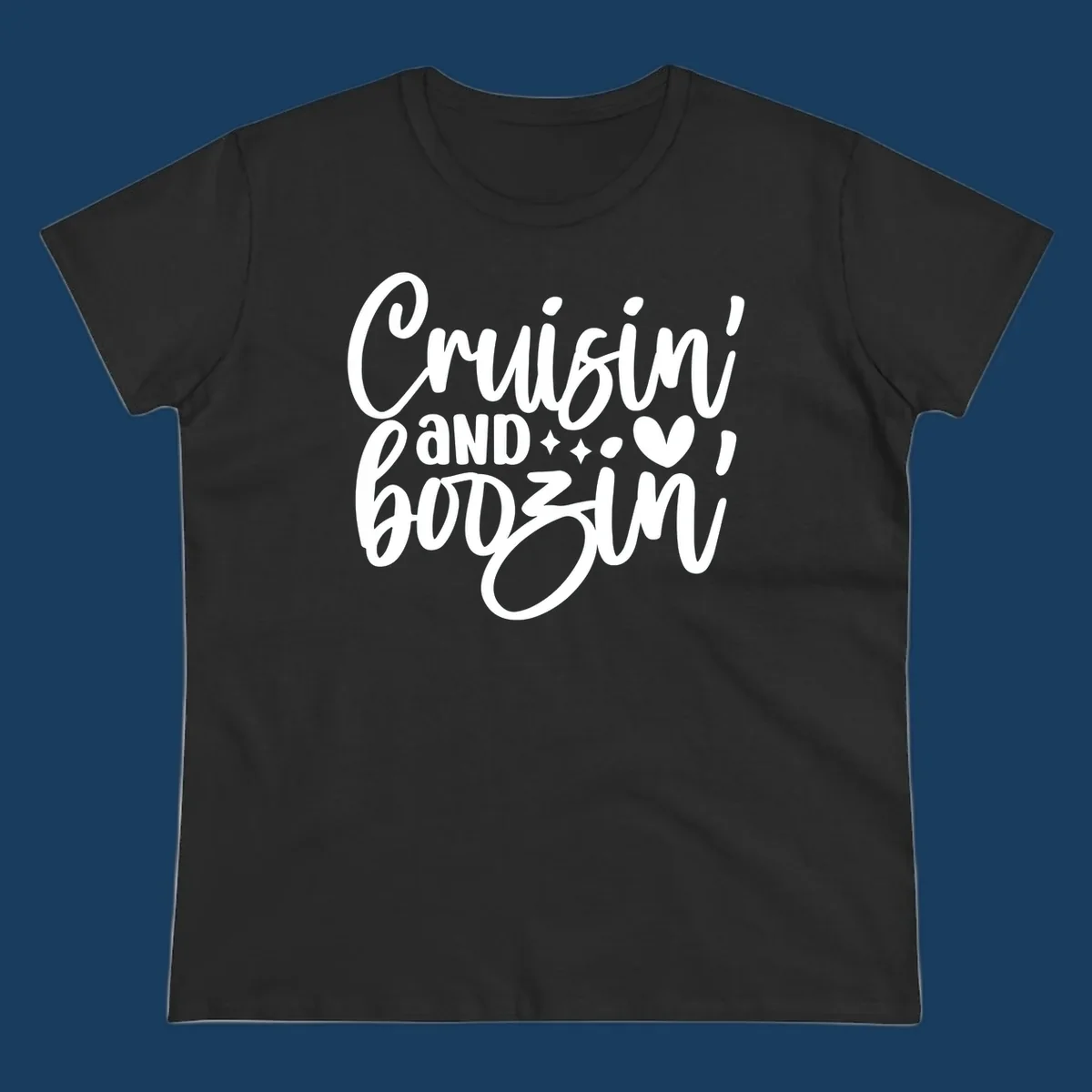 Cruisin and Boozin text design with heart and sparkles for a cruise vacation.