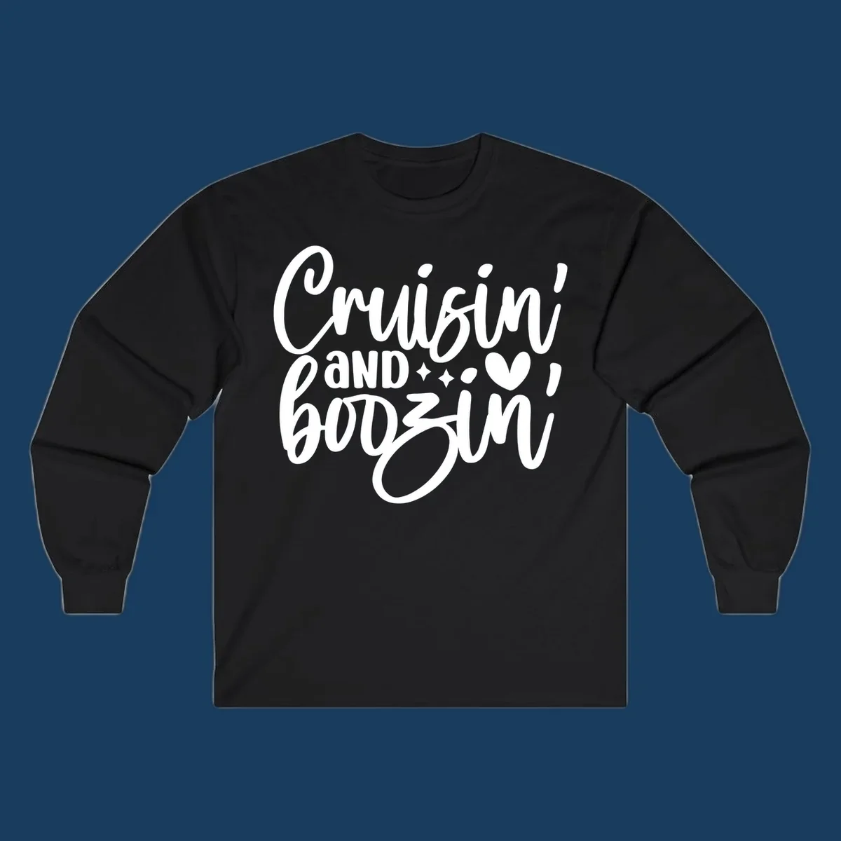 Cruisin and Boozin text design with heart and sparkles for a cruise vacation.