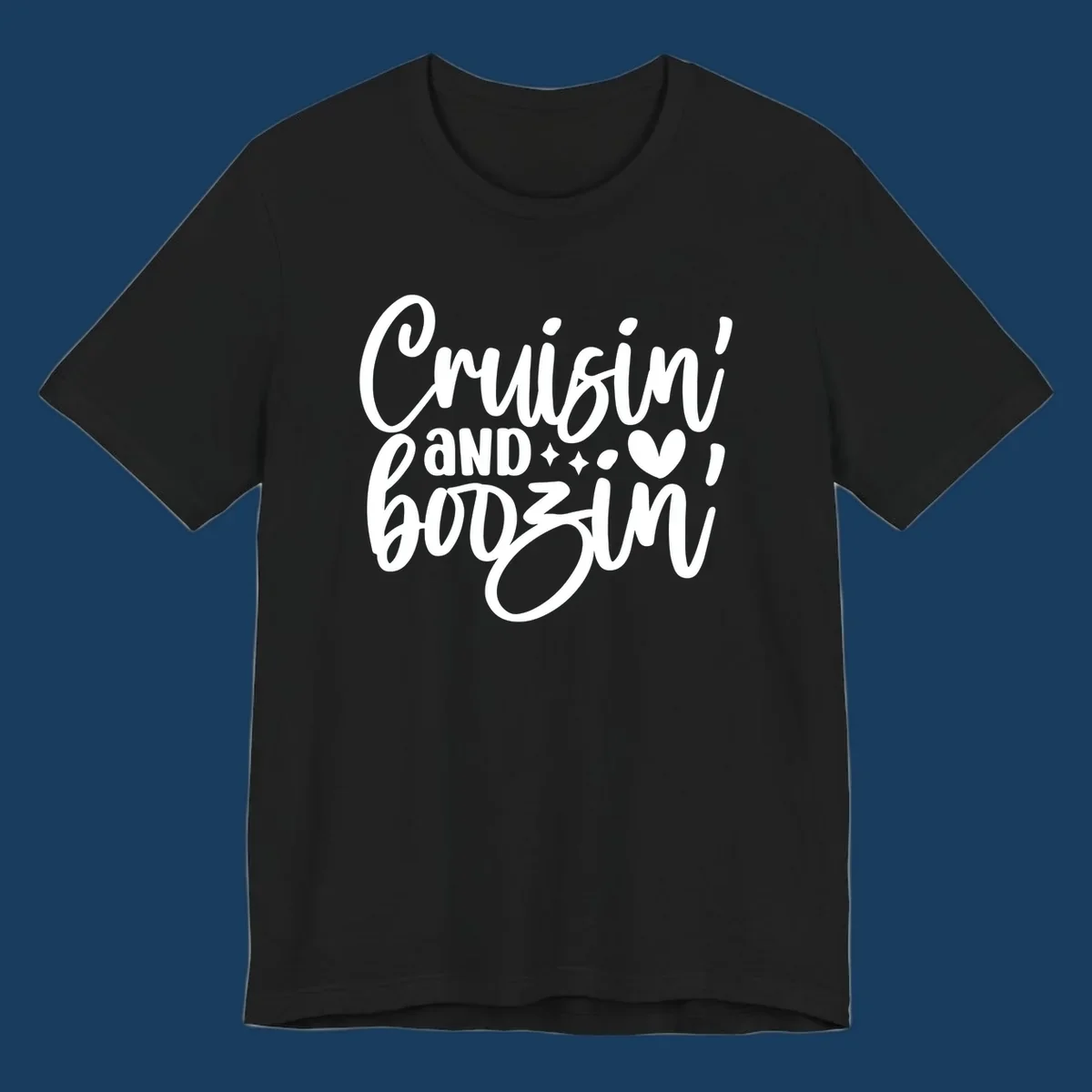 Cruisin and Boozin text design with heart and sparkles for a cruise vacation.