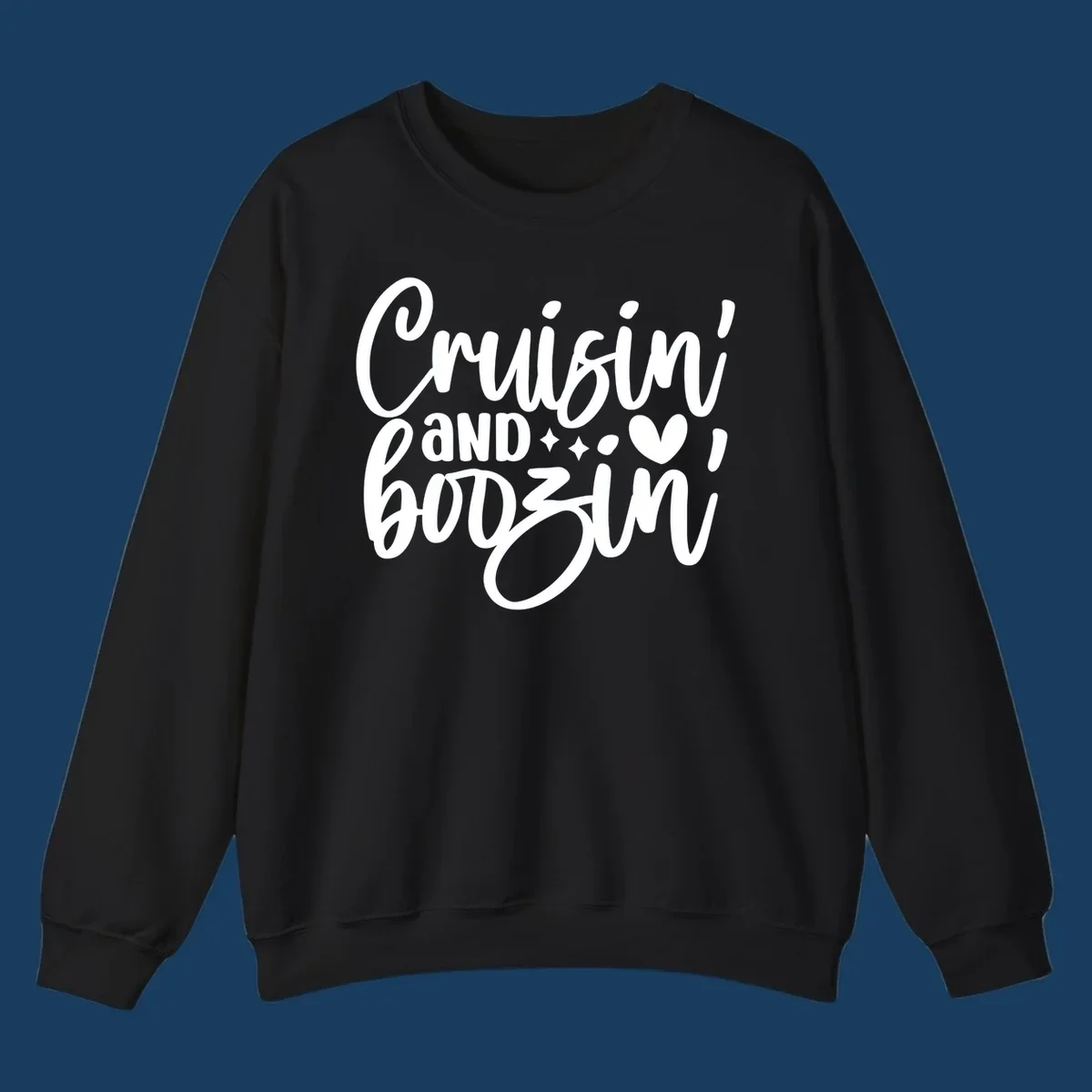 Cruisin and Boozin text design with heart and sparkles for a cruise vacation.