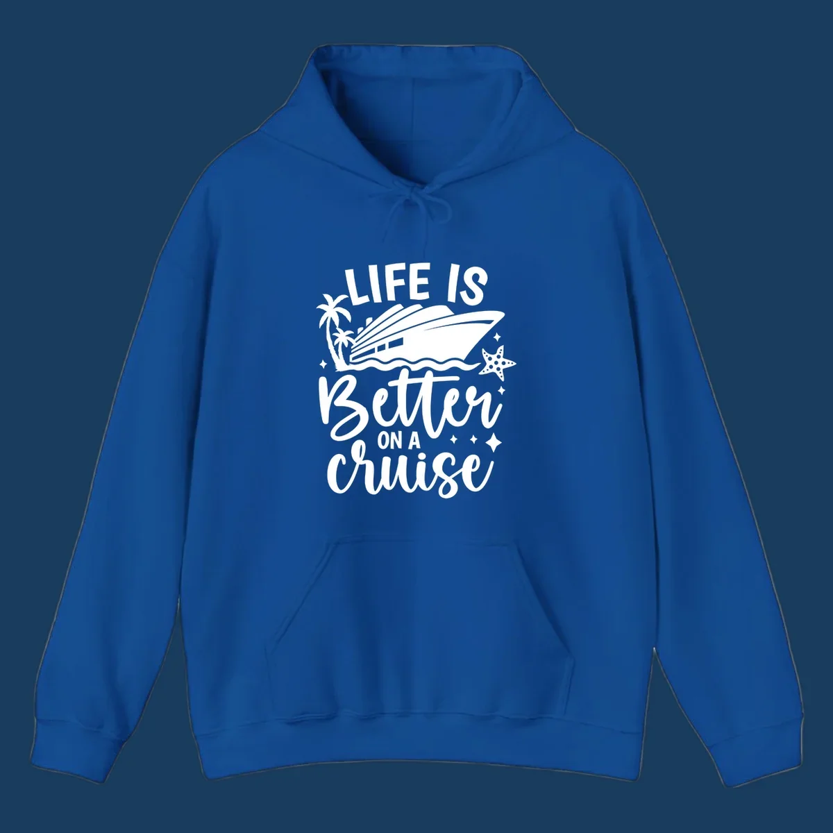 Life is better on a cruise text with cruise ship, palm trees, and starfish graphic.