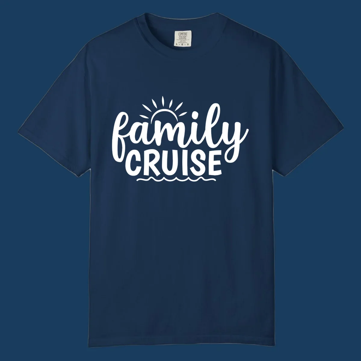 Family cruise vacation text with sun rays and ocean waves.