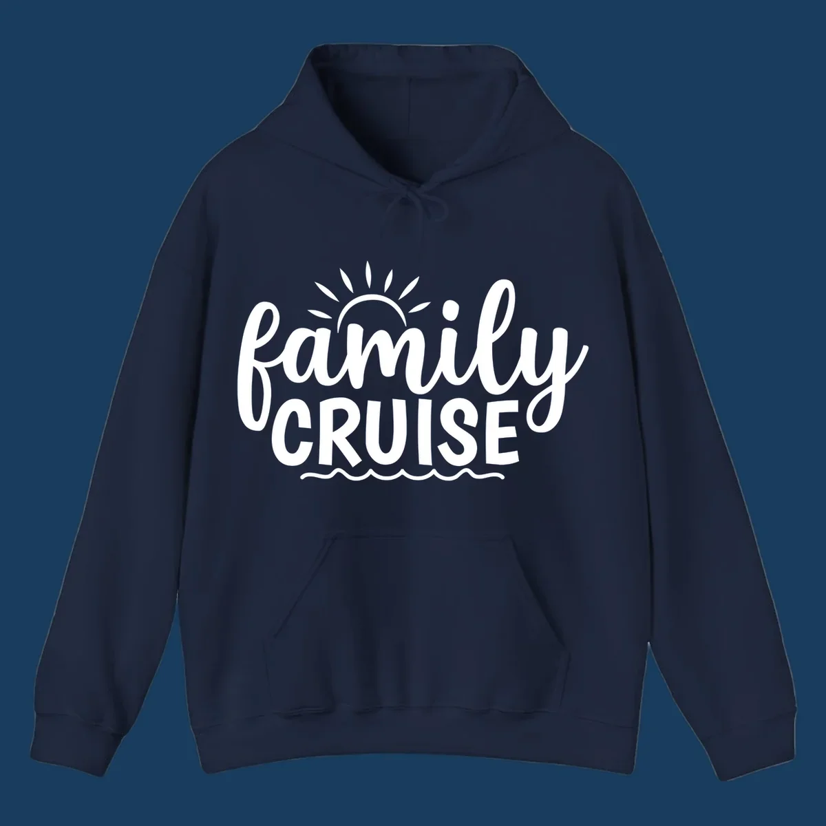 Family cruise vacation text with sun rays and ocean waves.