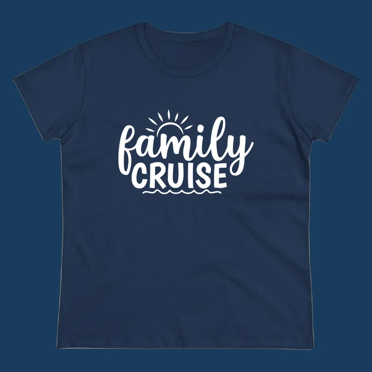 Family cruise vacation text with sun rays and ocean waves.