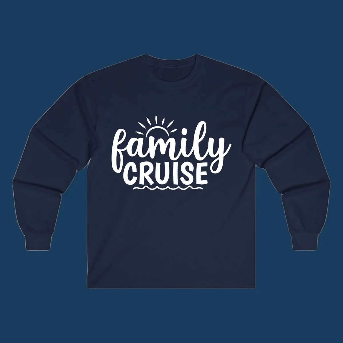 Family cruise vacation text with sun rays and ocean waves.