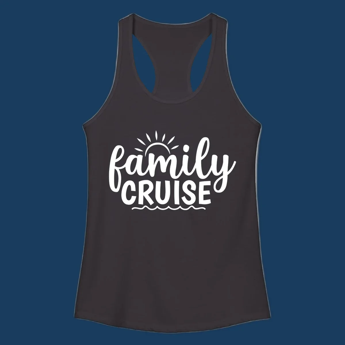 Family cruise vacation text with sun rays and ocean waves.