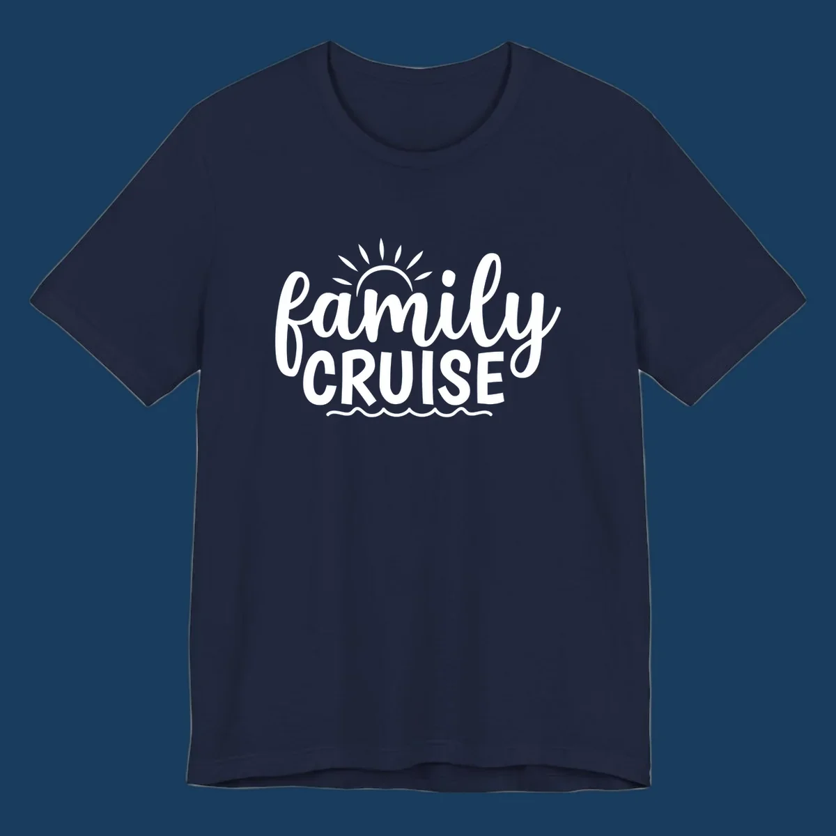 Family cruise vacation text with sun rays and ocean waves.