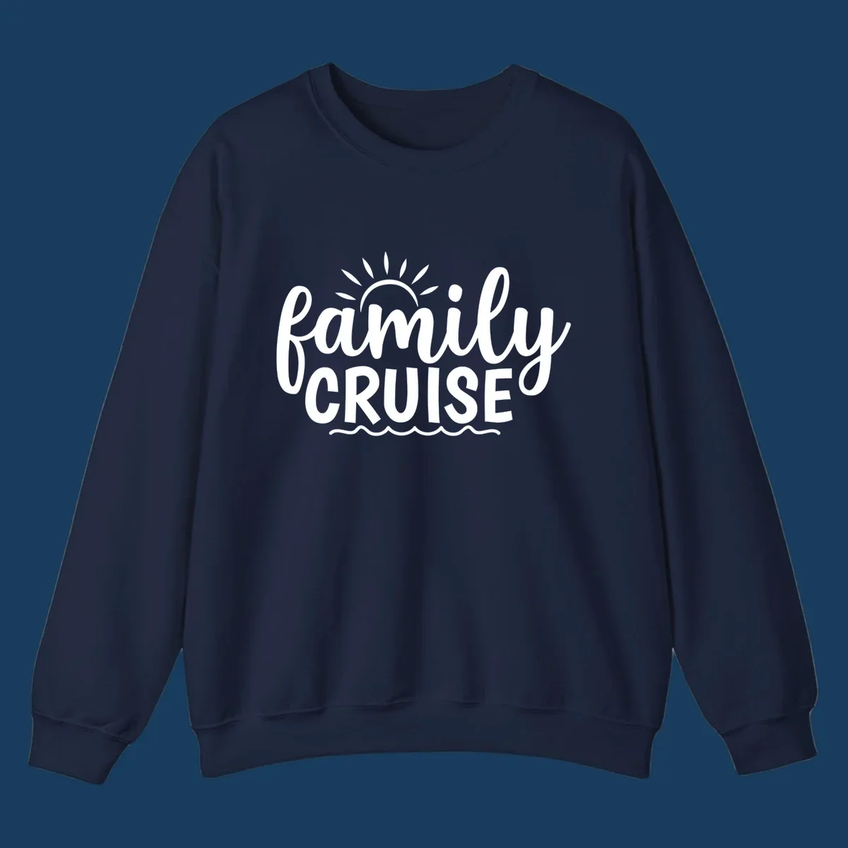 Family cruise vacation text with sun rays and ocean waves.