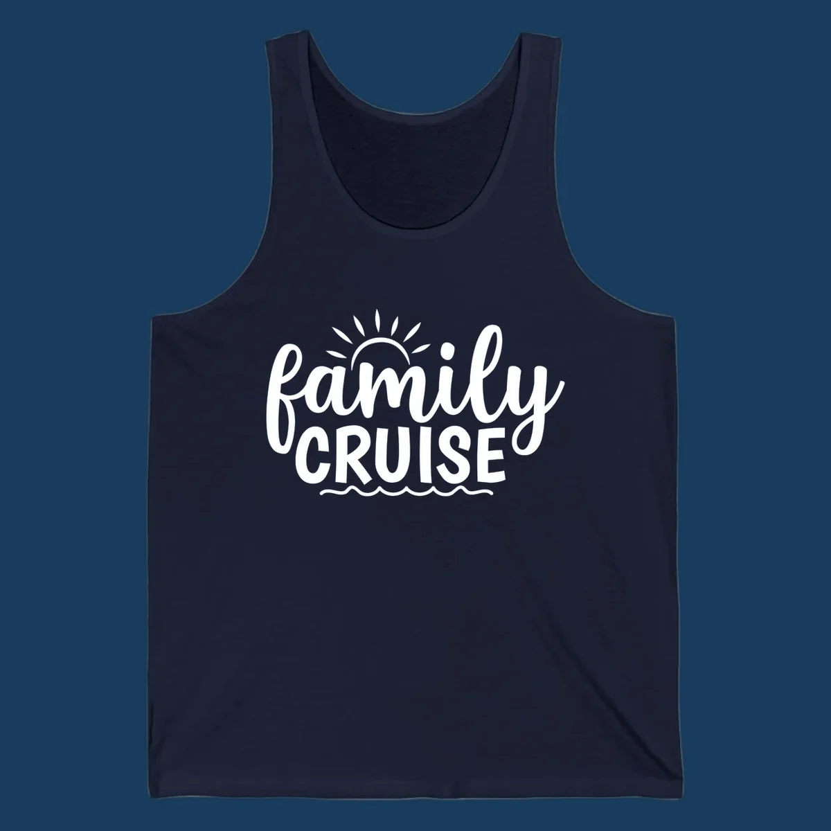 Family cruise vacation text with sun rays and ocean waves.