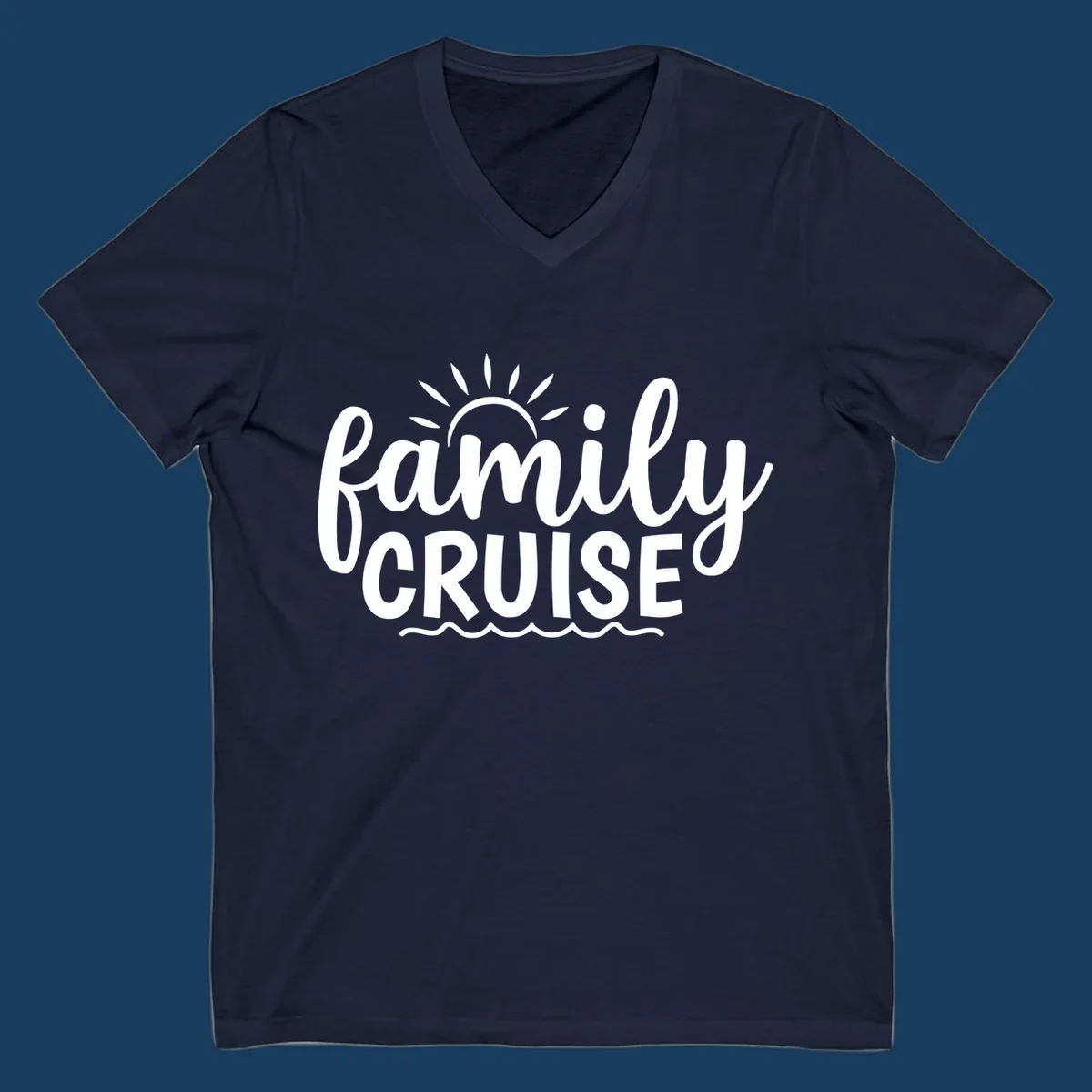 Family cruise vacation text with sun rays and ocean waves.