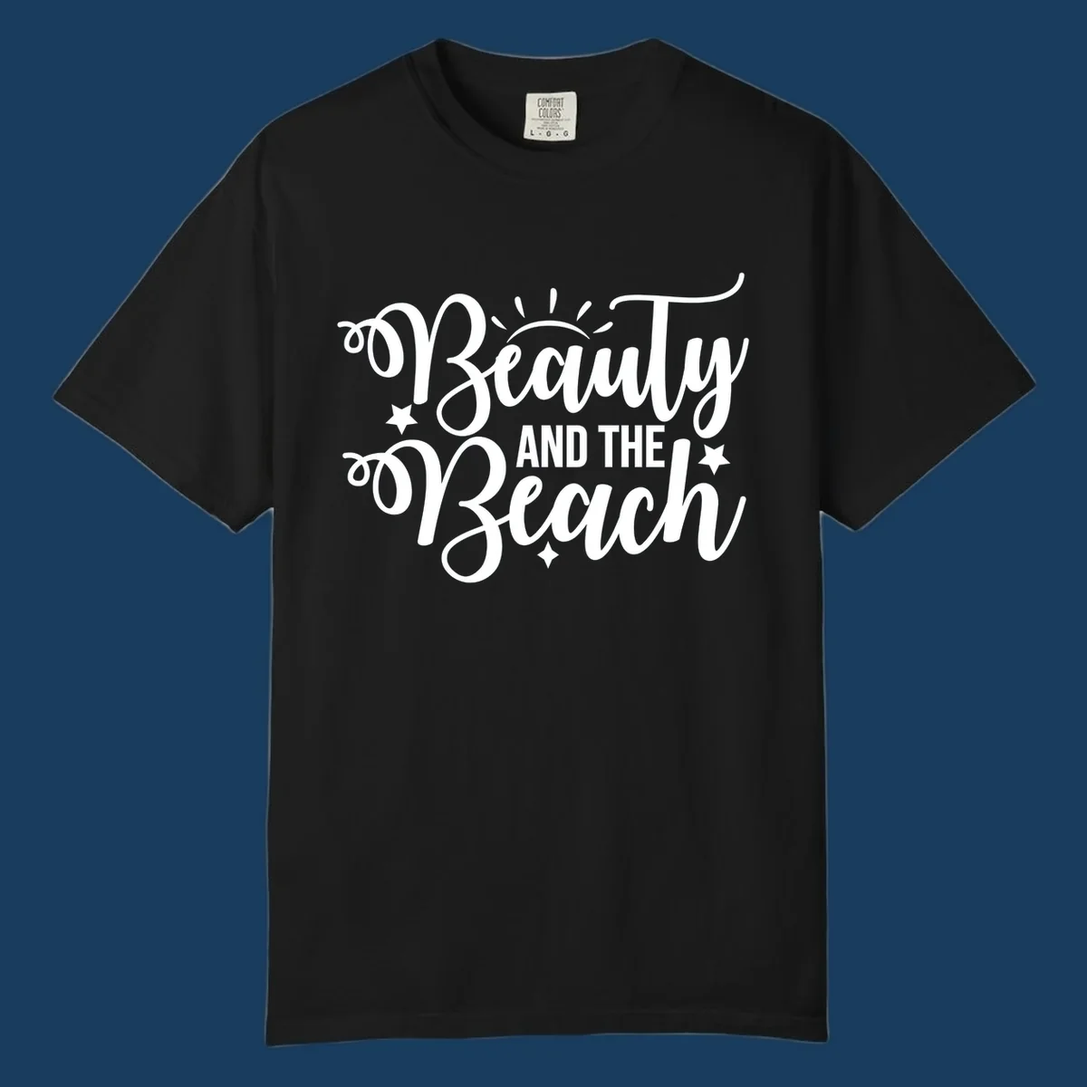 Beauty and the Beach text design with sun rays and stars.