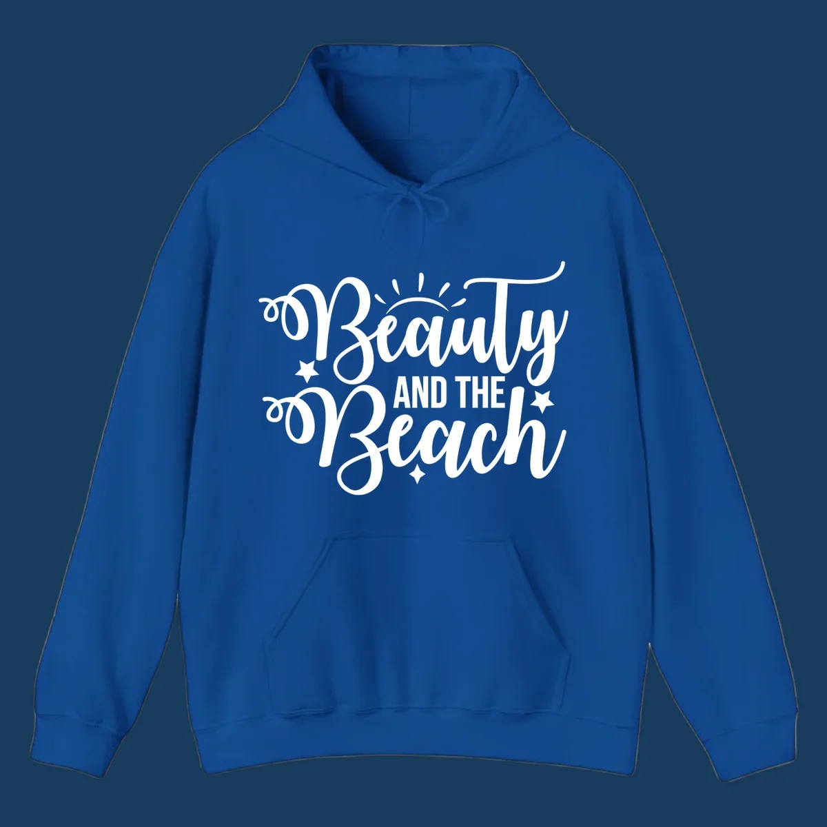 Beauty and the Beach text design with sun rays and stars.