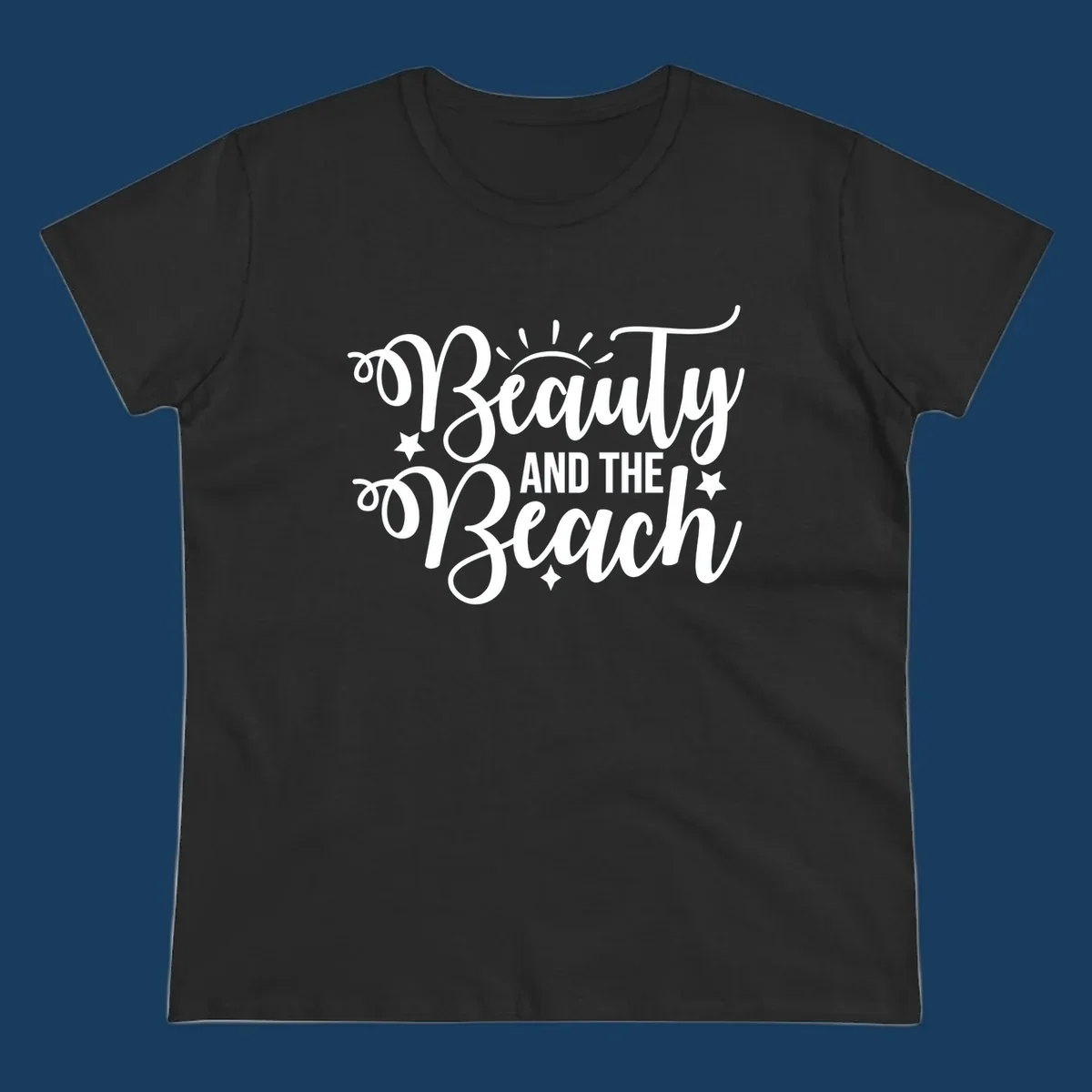 Beauty and the Beach text design with sun rays and stars.