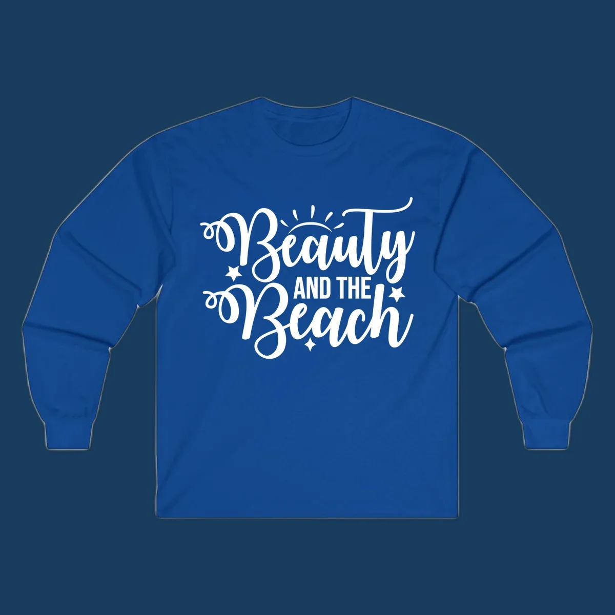 Beauty and the Beach text design with sun rays and stars.