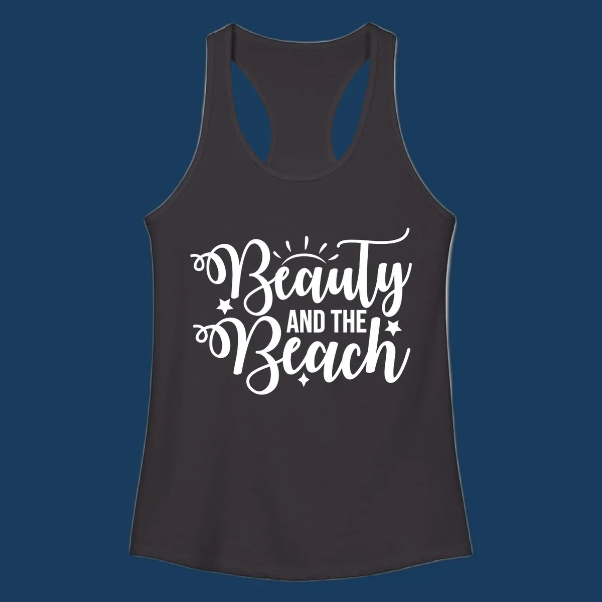 Beauty and the Beach text design with sun rays and stars.