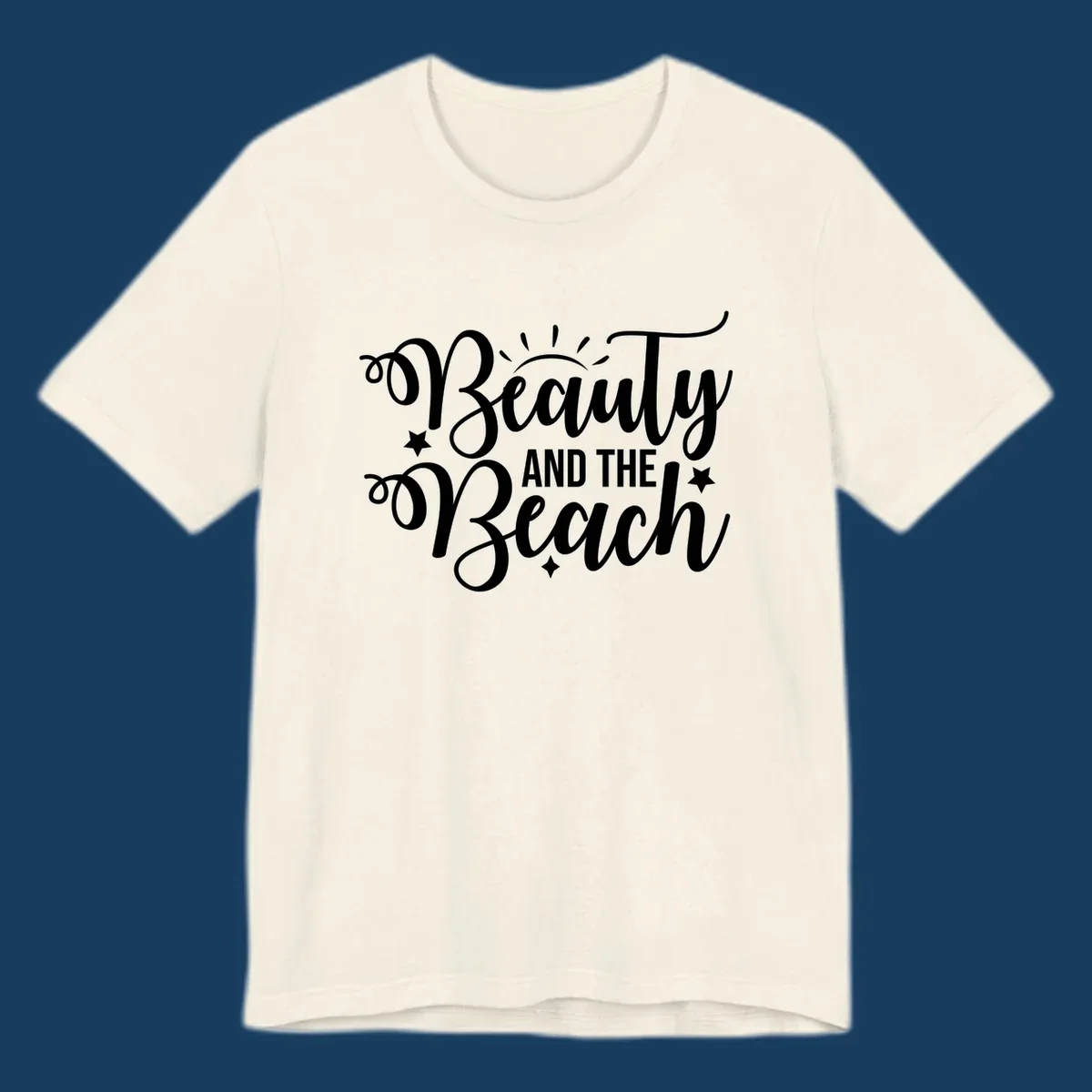 Beauty and the Beach text design with sun rays and stars.