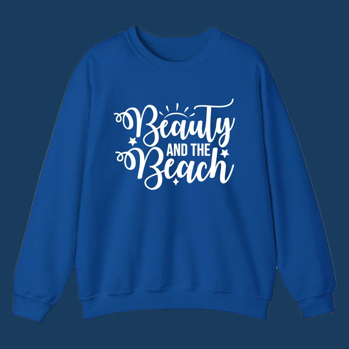 Beauty and the Beach text design with sun rays and stars.