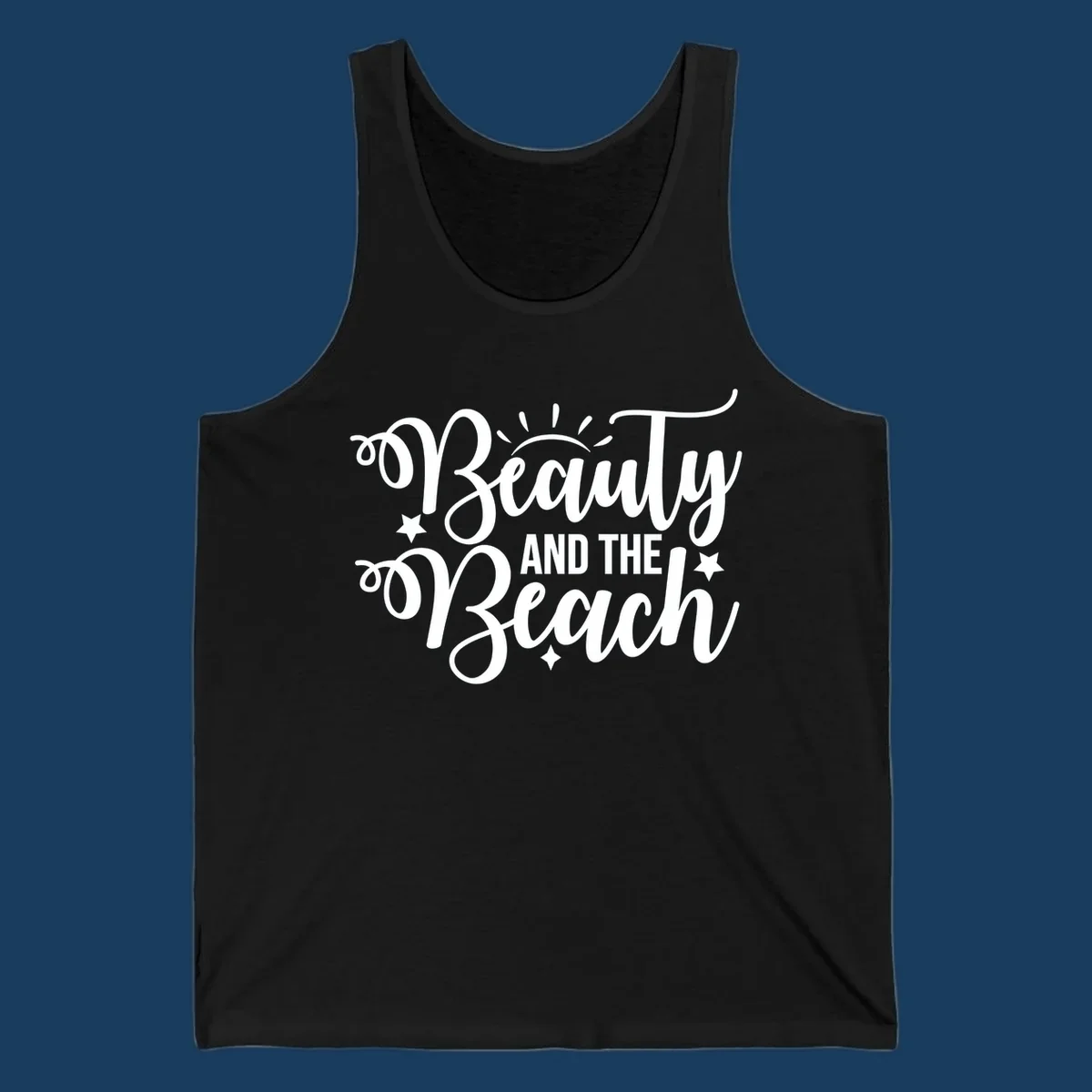Beauty and the Beach text design with sun rays and stars.
