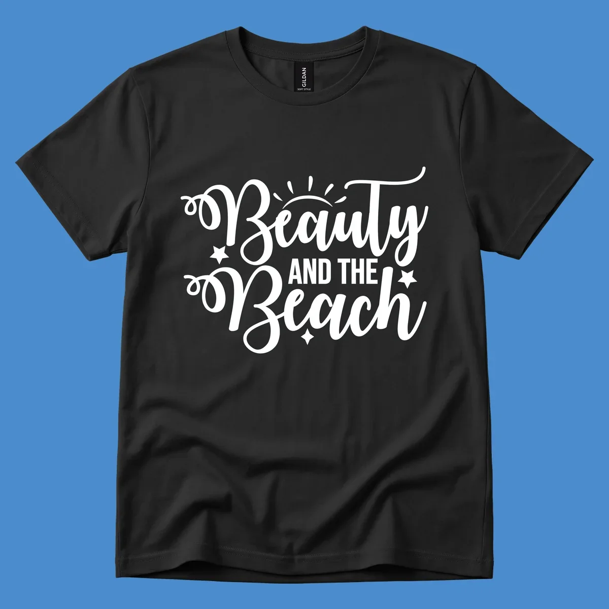 Beauty and the Beach text design with sun rays and stars.