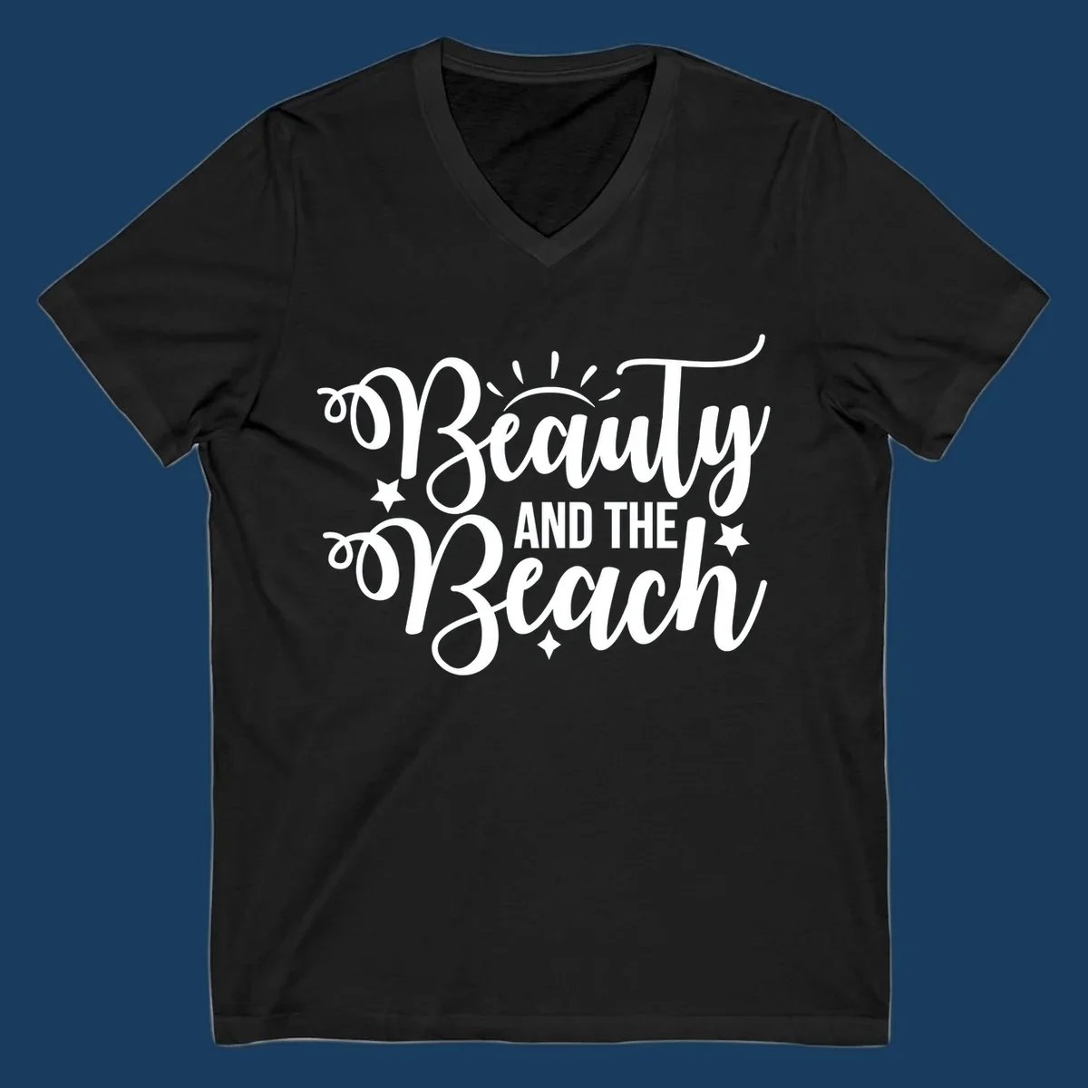 Beauty and the Beach text design with sun rays and stars.