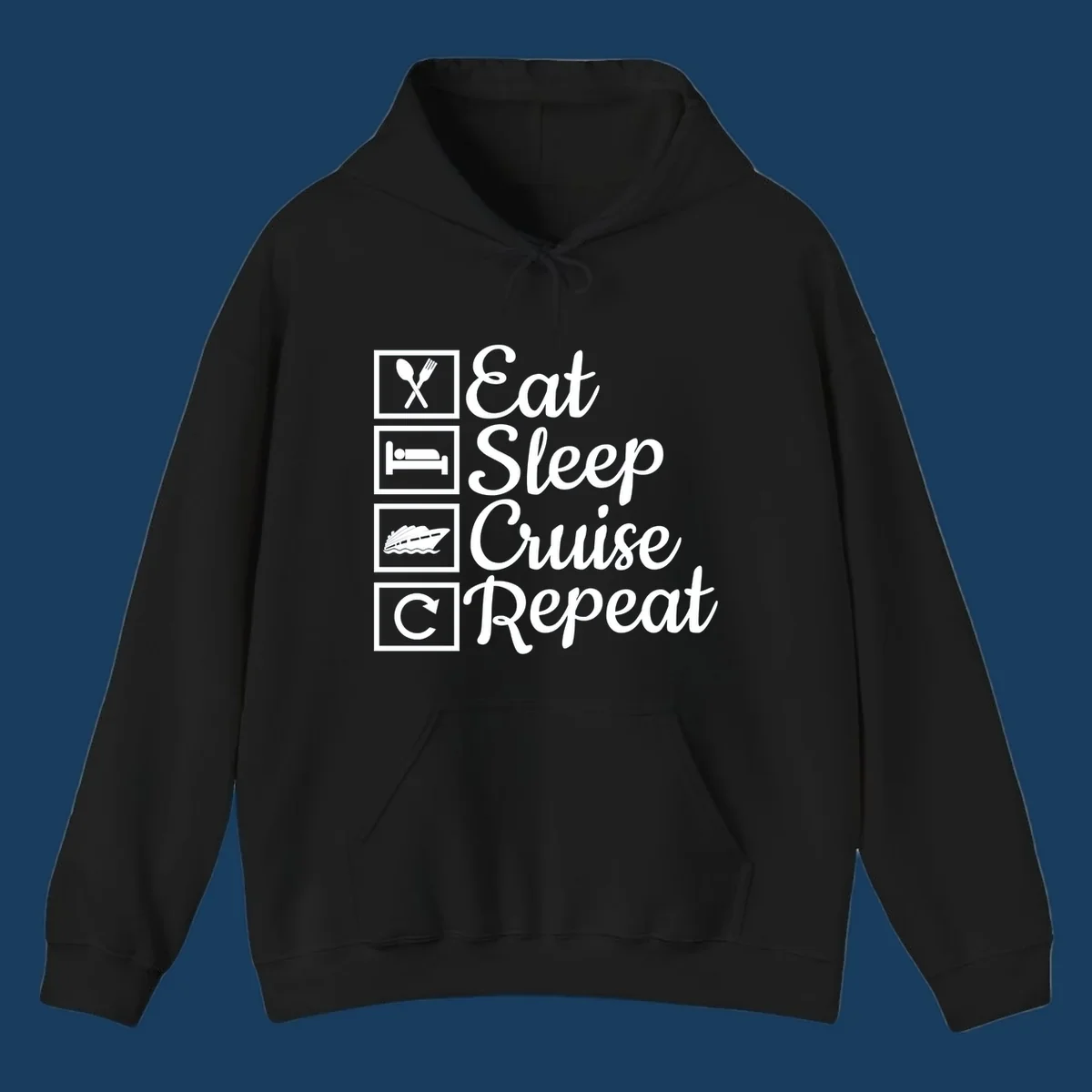 Eat Sleep Cruise Repeat design with icons for food, sleep, cruise ship, and repeat.