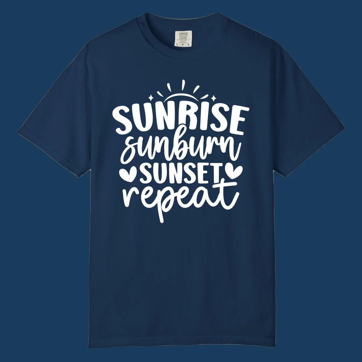Sunrise sunburn sunset repeat text with sun rays and heart symbols.