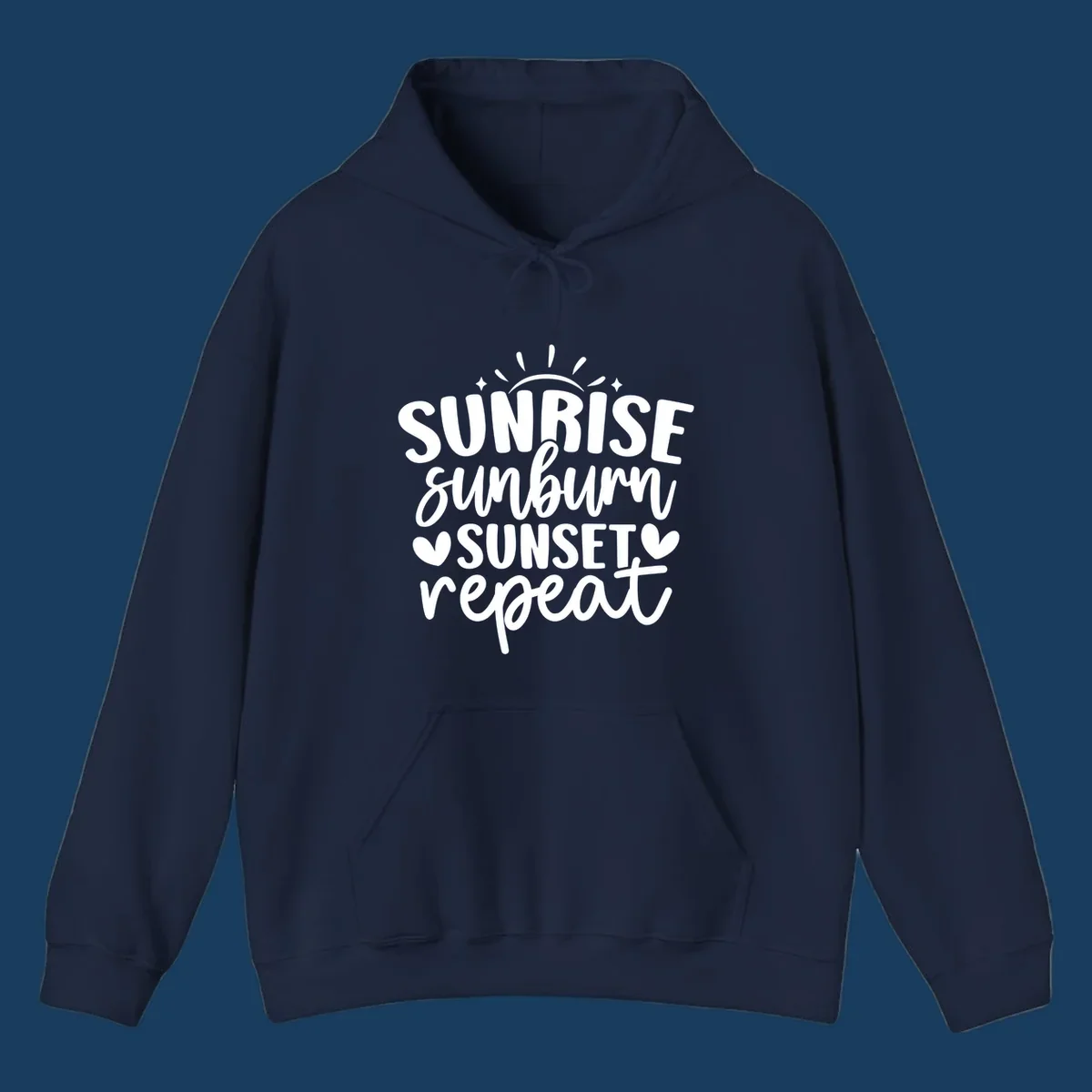Sunrise sunburn sunset repeat text with sun rays and heart symbols.