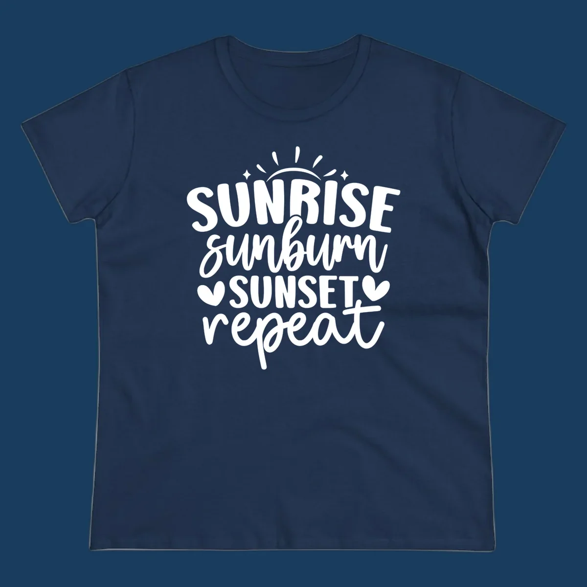 Sunrise sunburn sunset repeat text with sun rays and heart symbols.